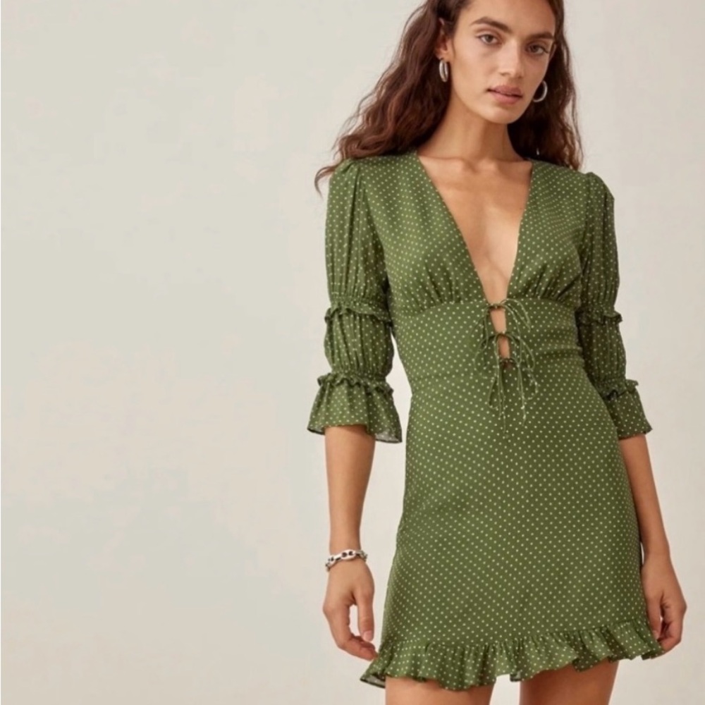 Reformation Laurelei Green Polka Dot Dress
